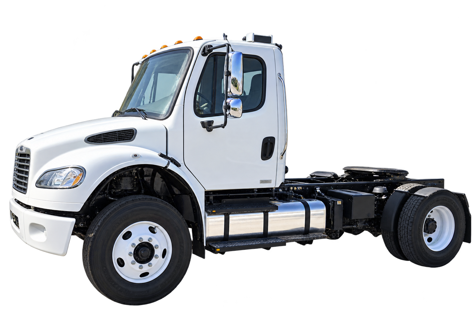 White Freightliner day-cab tractor without a trailer