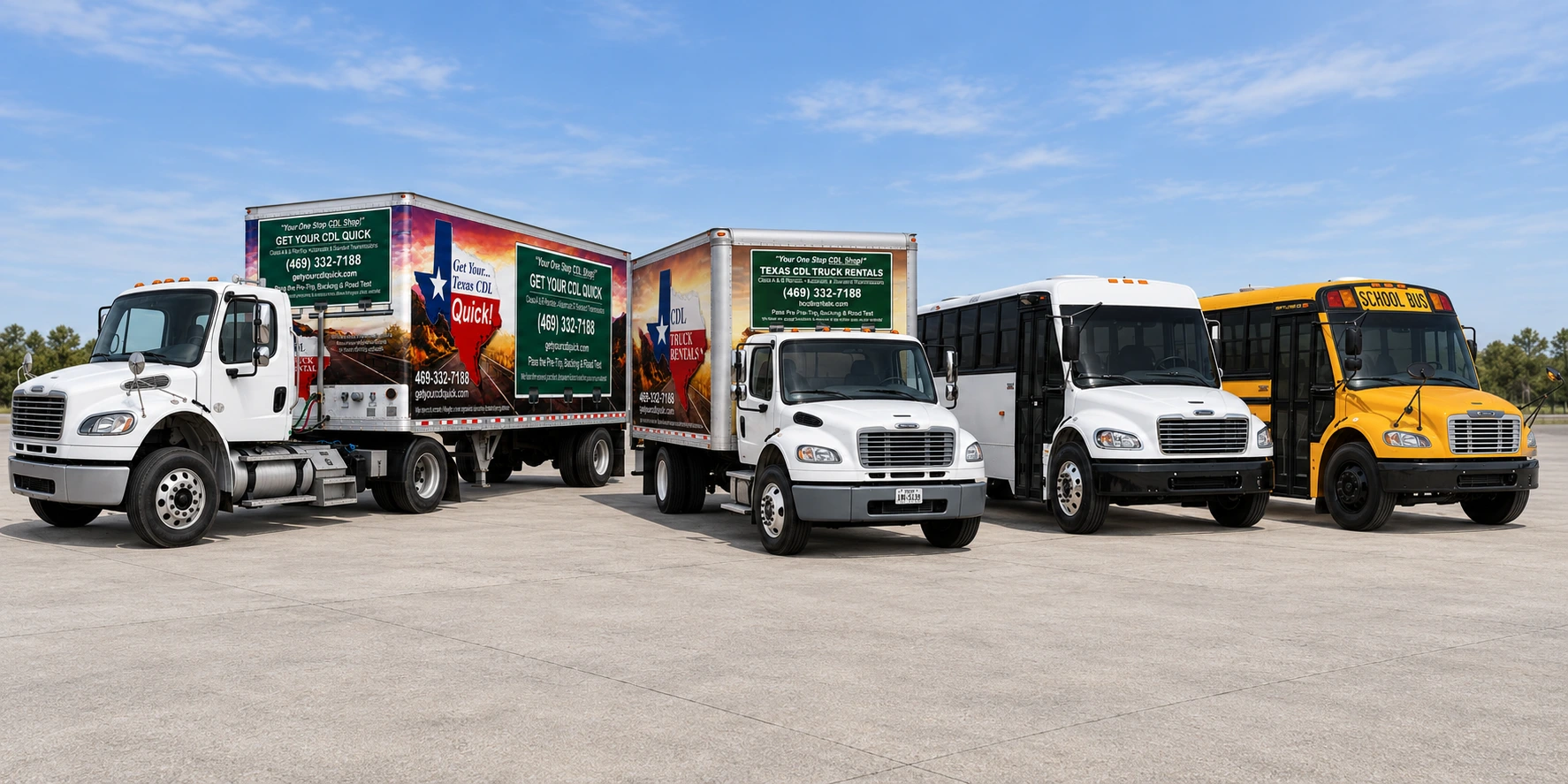 Left to right: Class A M2 106 tractor with 28-foot pup trailer, Class B M2 106, white passenger bus and yellow school bus
