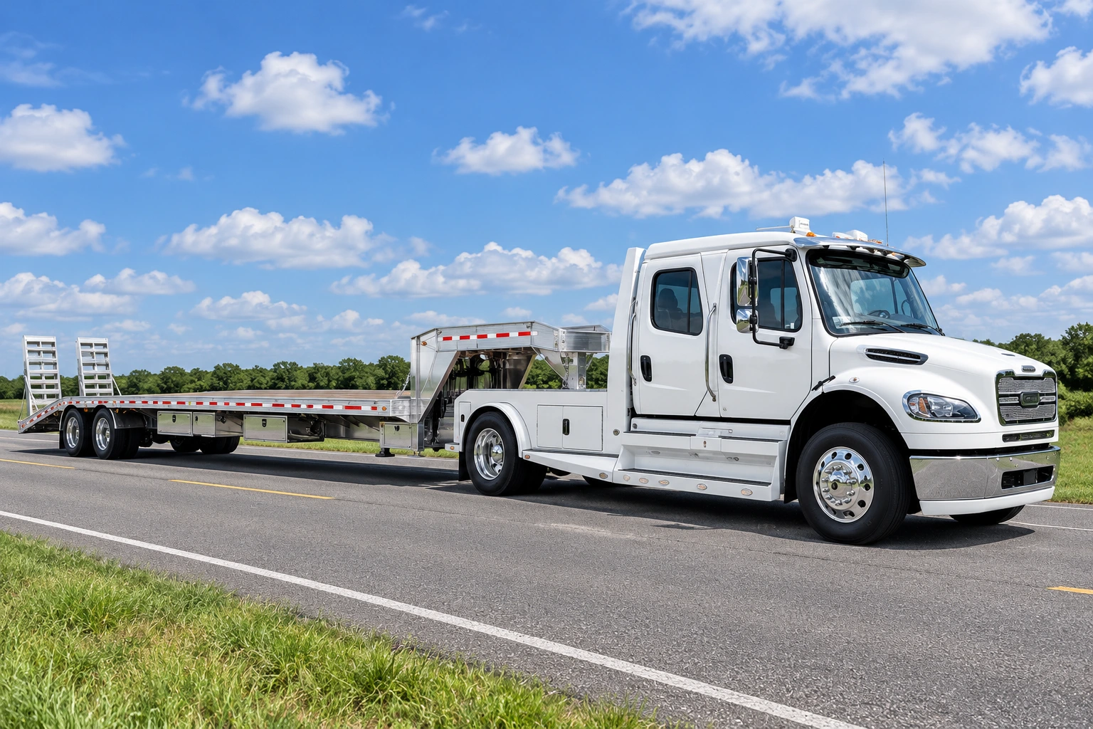 White Freightliner M2 106 SportChassis pulling an aluminum dual tandem gooseneck trailer